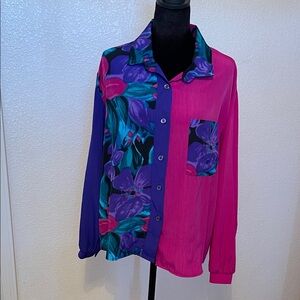 Colorblock Floral Button-Up Shirt - Pink, Purple, Teal